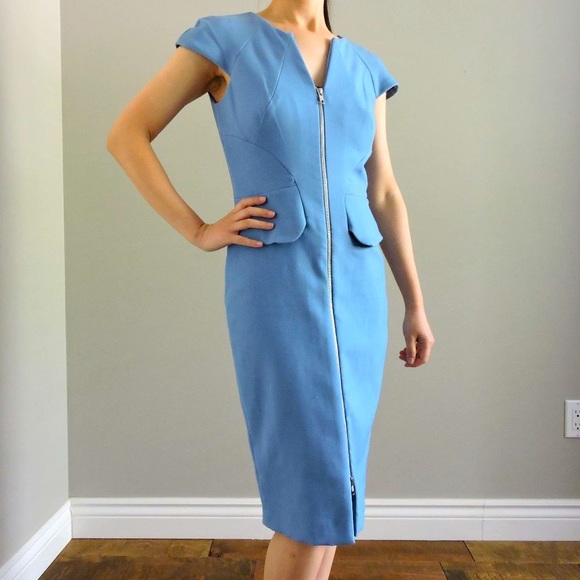 Sandra Angelozzi Blue Business Formal Pencil Dress w/ Cap Sleeves & Front Zipper - Picture 1 of 9